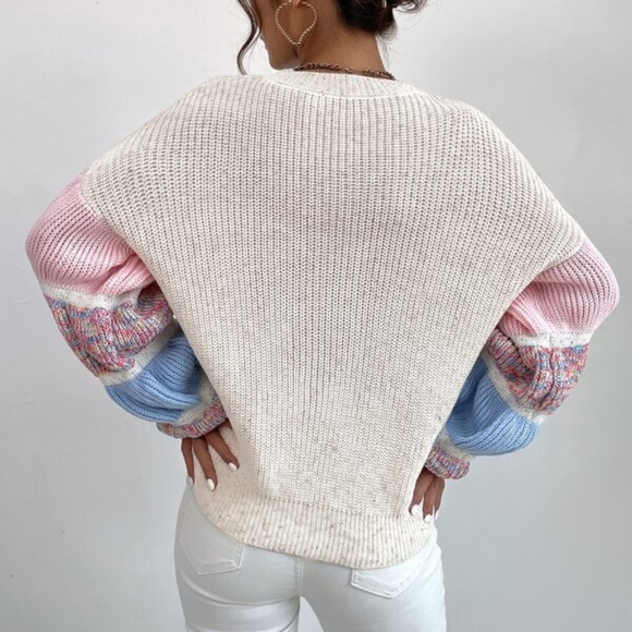 Cozy Color Block Puff Sleeve Sweater Top - Picture 4 of 5